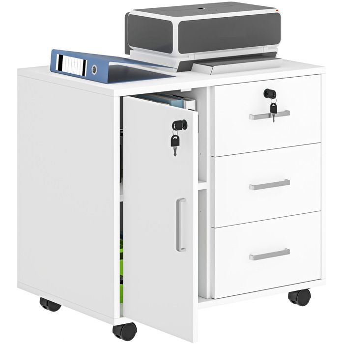Caisson bureau meuble de rangement verrouillable avec 3 tiroirs et étagère réglable roulettes 40 x 60 x 56 cm blanc