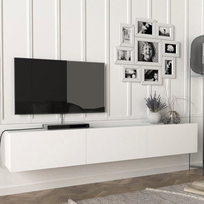 [en.casa] Meuble TV Mural Suspendu 180 x 31 x 29 5 cm 3 Étagères Fermées Blanc Panneau de Particules