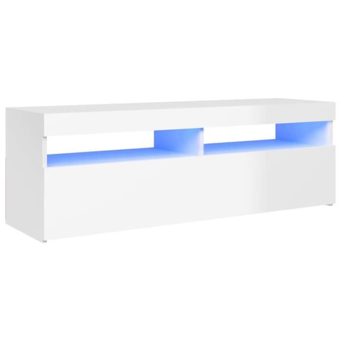 Meuble TV - AKOZON - 120x35x40 cm - Blanc brillant - Lumières LED RVB - Montage nécessaire