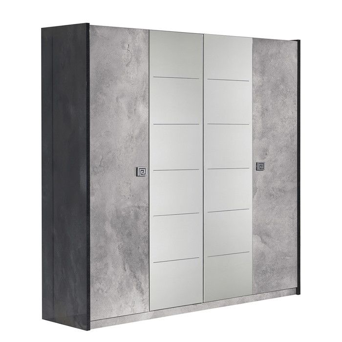 HYDE - Armoire 4 Portes avec Miroir Gris Effet Pierre