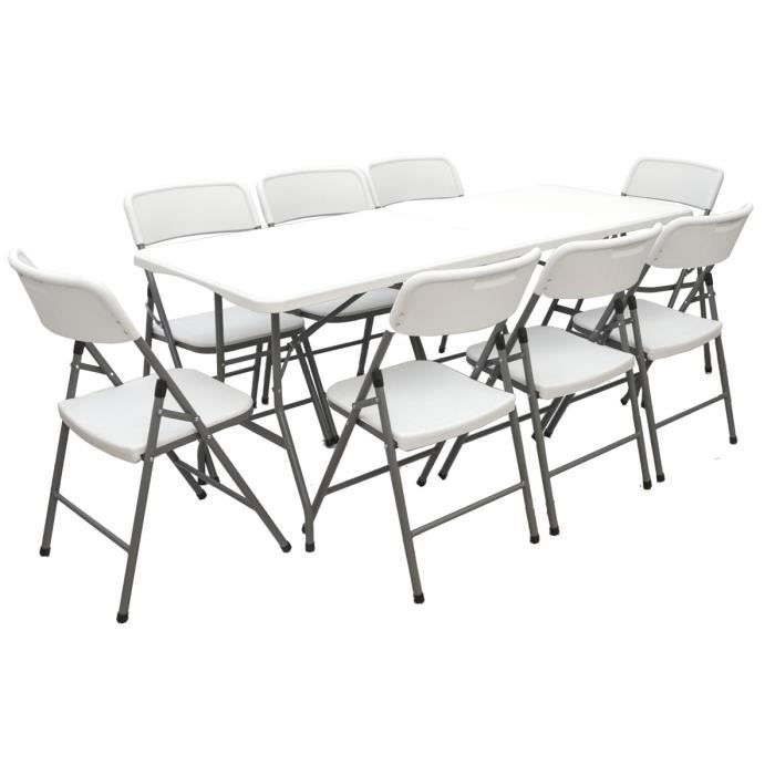 Meubles de Jardin - Table de 180 cm 8 chaises - Sièges pliants blanc imperméable