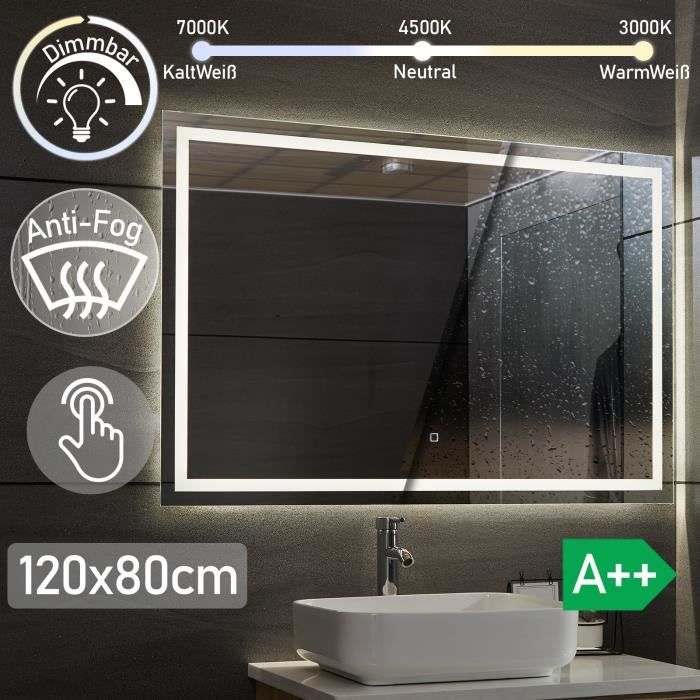 Aquamarin® Miroir de Salle de Bain LED-120x80 cm, CEE A++, Tactile