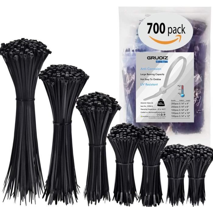 700 Pièces Attaches de Câble, Collier de Serrage Plastique Noir