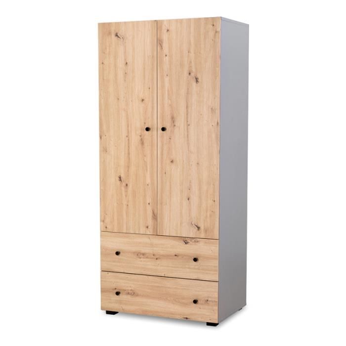 armoires et commodes - armoire dressing à 2 portes + 2 tiroirs en bois pauline oak - gris/beige - h 183 x l 80 x p 55 cm beige