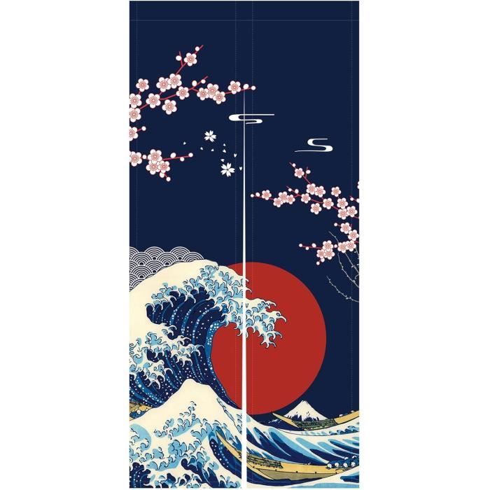 LIGICKY Rideau de porte japonais rétro en lin blanc imprimé grue bleue vague asiatique décoration de porte pour sushis, cuisine, décoration d'intérieur, 85 x 180 cm (impression double face