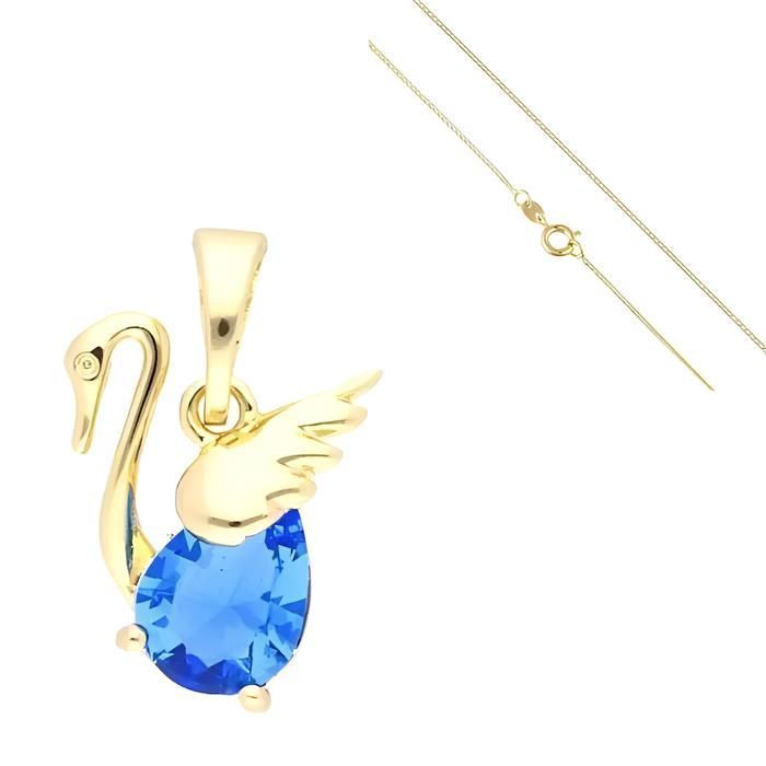Collier Pendentif Cygne - Cristaux Bleus - Chaîne Plaqué Or Longue