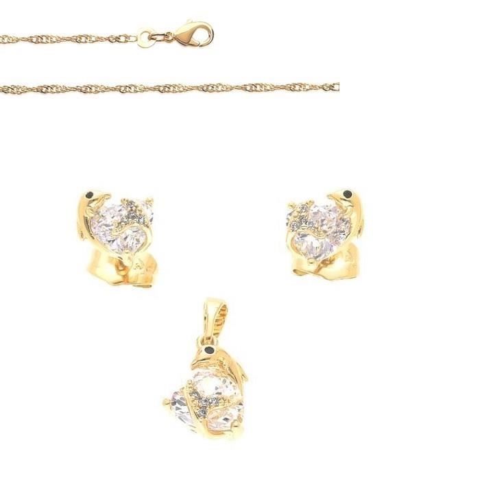 parure bijoux dauphin cristal blanc femme ou enfant or jaune 750 laminé*
