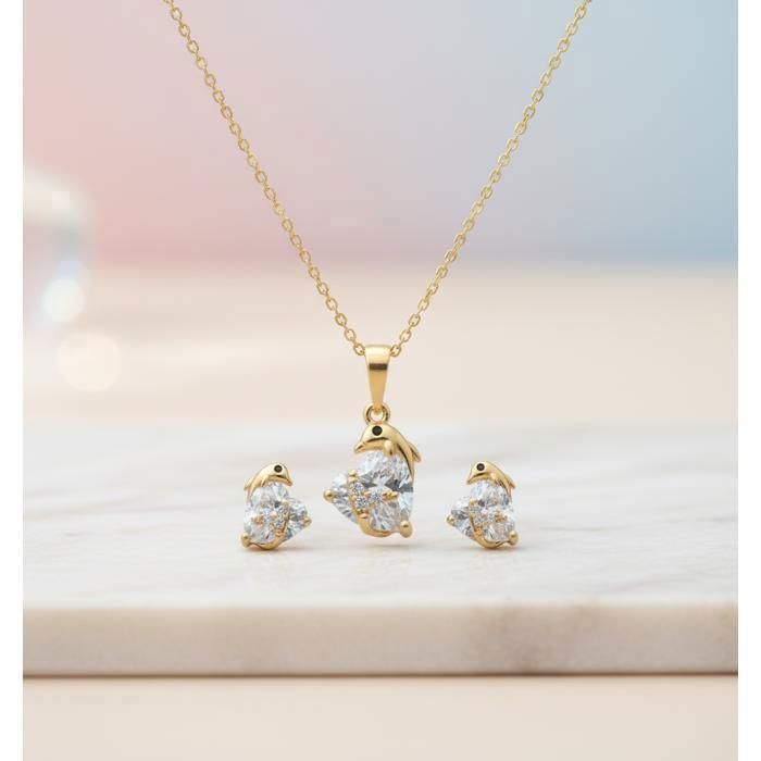 Parure Bijoux - Dauphin - Cœur  - Zircons - Plaqué Or Jaune 750/1000 - 3 Microns - Forçat 45 cm - Enfant