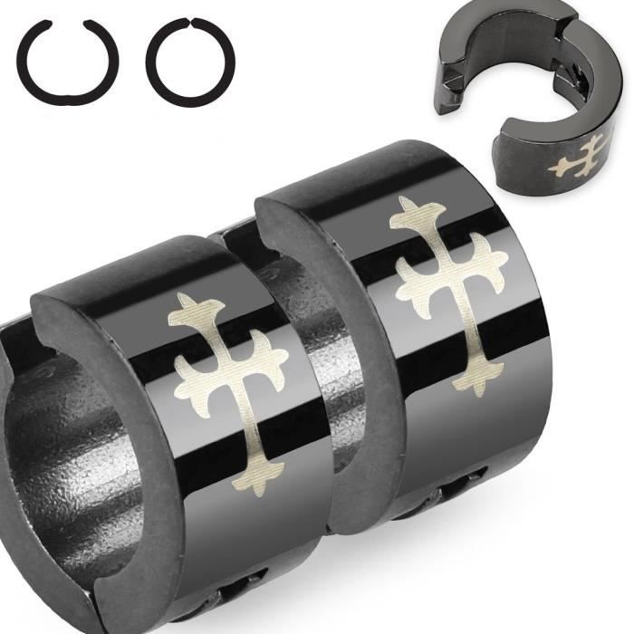 Paire De Fausses Boucles D'oreilles Homme Acier - Puce à Vis - Motif Croix De Malte - Neuf