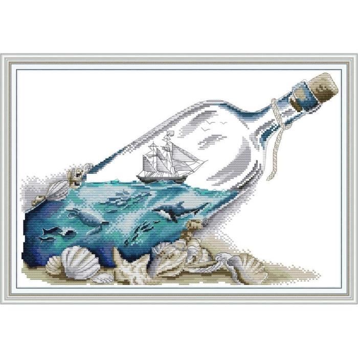 OWN4B Kit Point De Croix Estampillé – Motif Mer Dans Une Bouteille 11CT, 54,1 X 38,1 Cm, Complet Débutant/Intermédiaire