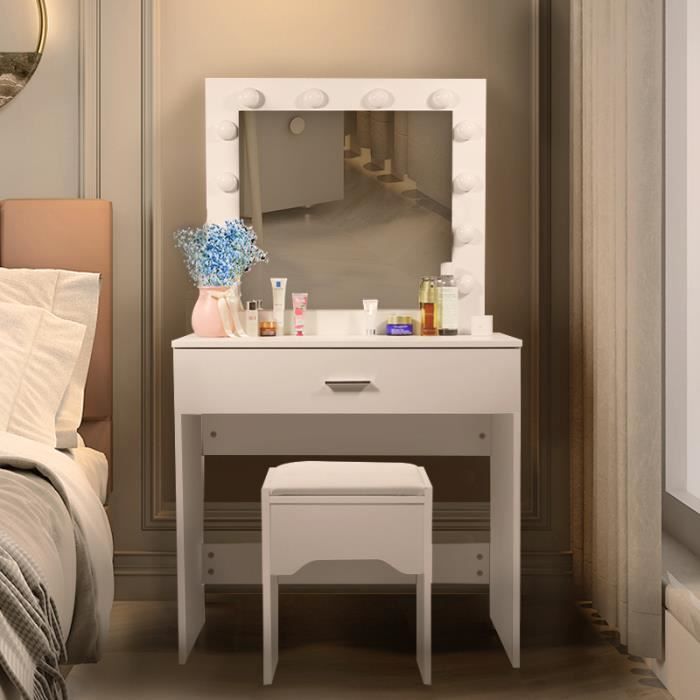 MSFE Coiffeuse Avec Miroir Coulissant LED - Table Maquillage Blanche 81.2x40x135cm Avec Rangement Et Éclairage 3 Modes