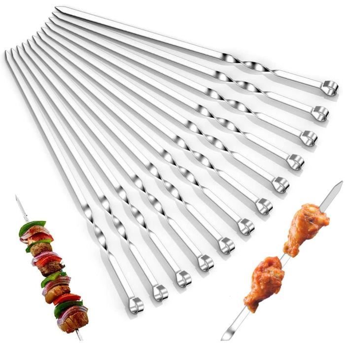 20 Brochettes Barbecue Acier Inoxydable Réutilisables - 35cm - + 2 Brosses à Huile Silicone