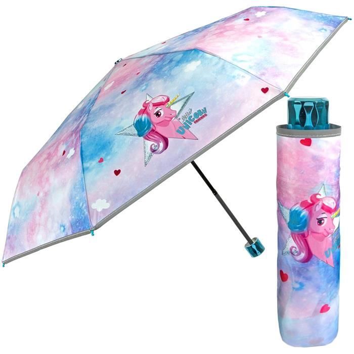 Parapluie Enfant Licorne Rose PERLETTI - Pliant, Réfléchissant Et Sécurisé | Diamètre 91cm