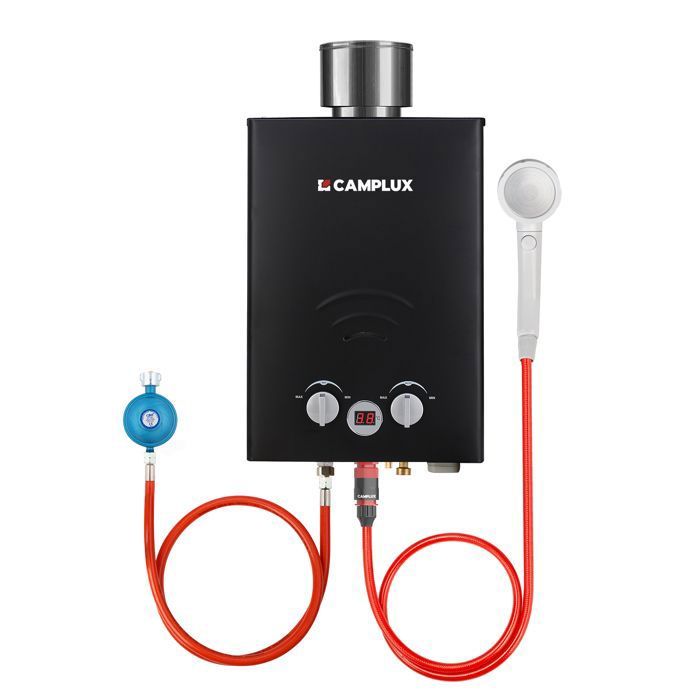 Chauffe-eau à Gaz à CAMPLUX BW158BC-DE 6 Litres avec Couvercle de Pluie Propane ou Butane 12kW Noir