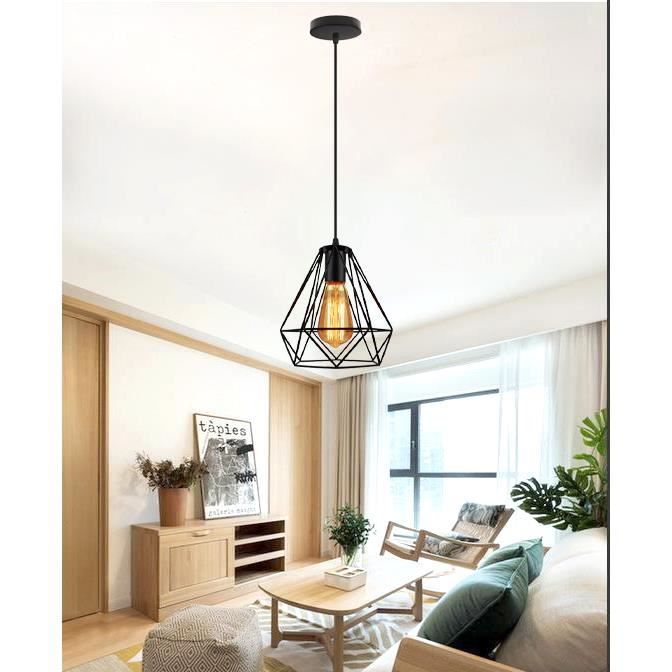 IDEGU Lampe Suspension Industrielle Noir Lustre Plafonnier en Fer Forge en Cage Diamant Vinatge pour Salon Chambre