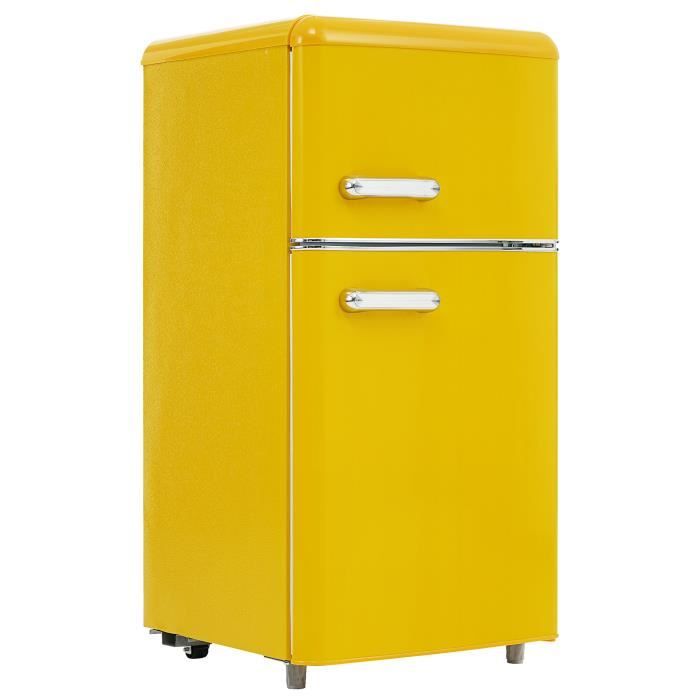 Réfrigérateur combiné - LANGTU - rétro - 72 L - congélateur haut 21 L - Jaune