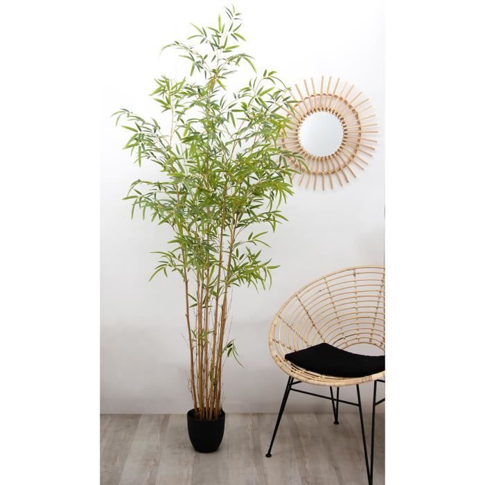 Ligne Déco, Bambou troncs naturels+1674 feuilles artificielles pot noir, 190cm, Plante verte artificielle, Zen Japonais