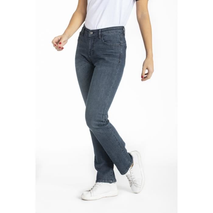Jeans, coupe droite, taille haute, 5 poches, denim blue/black stretch teinté en gris et brossé, COTON 99% ELASTHANNE 1%. La longueur