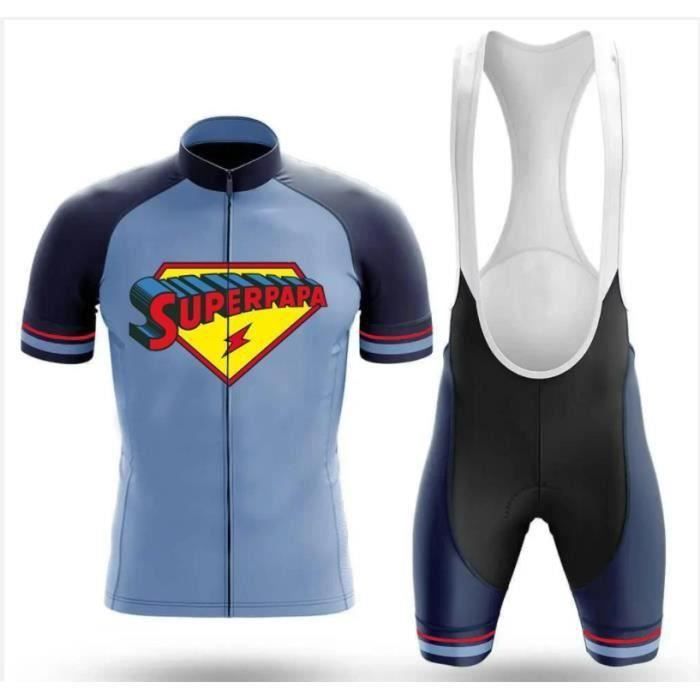 Maillot de Cyclisme Homme SuperPaPa Manches Courtes Cuissard a Cycliste GEL Multicolor VTT Pro Humour