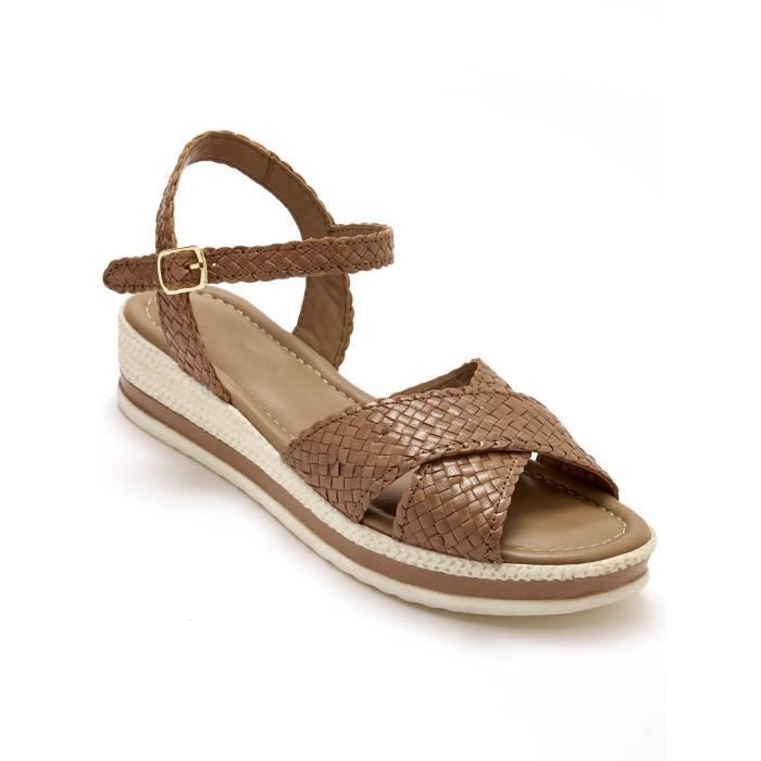 Sandales compensees tressees Marron Cdiscount Chaussures