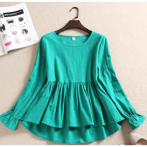 Chemisier Femme Ample En Lin Et Coton Avec Volants - Manches 3/4 Décontracté, Taille Asiatique