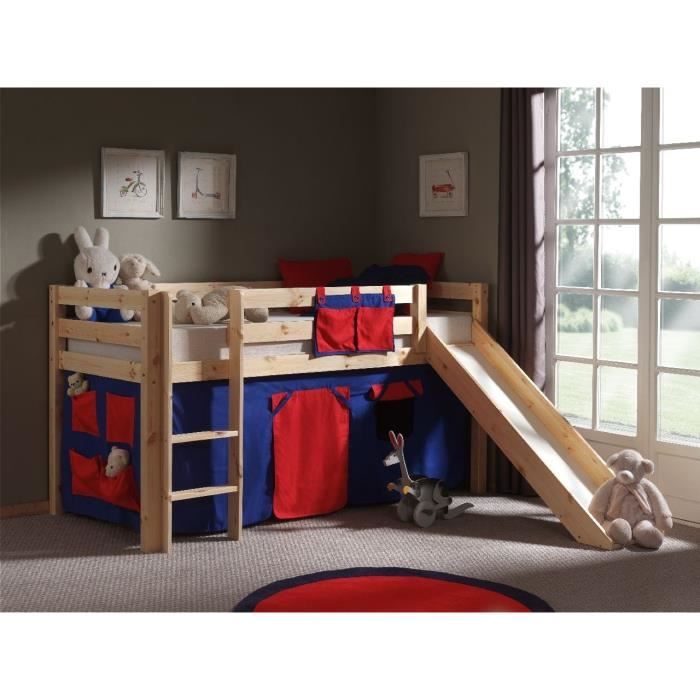 Lit enfant mezzanine toboggan nature Domino - VIPACK - Pino - Bois massif - 90x200 cm - Bleu Lit enfant mezzanine toboggan nature Domino - VIPACK - Pino - Bois massif - 90x200 cm - Bleu