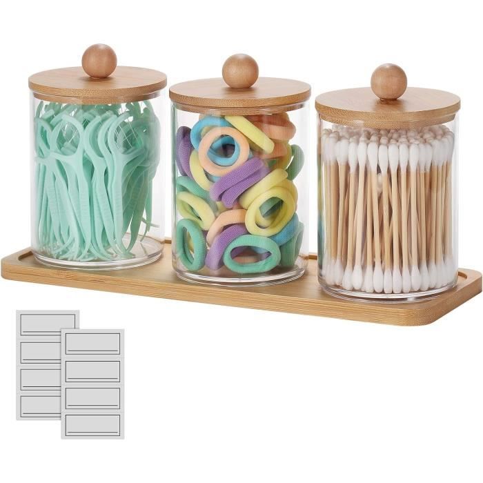 Qtip Lot de 3 boîtes d'apothicaire pour salle de bain avec couvercles en acier inoxydable et autocollants mignons pour cotons-tiges, éponges de maquillage, fil dentaire