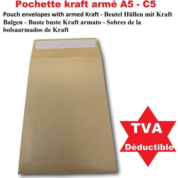 25 Lot de 25 Enveloppe Pochettes Kraft Armé Format A5 C5 Fermeture auto-adhésive kraft renforcé 130 g 162 x 229 mm 