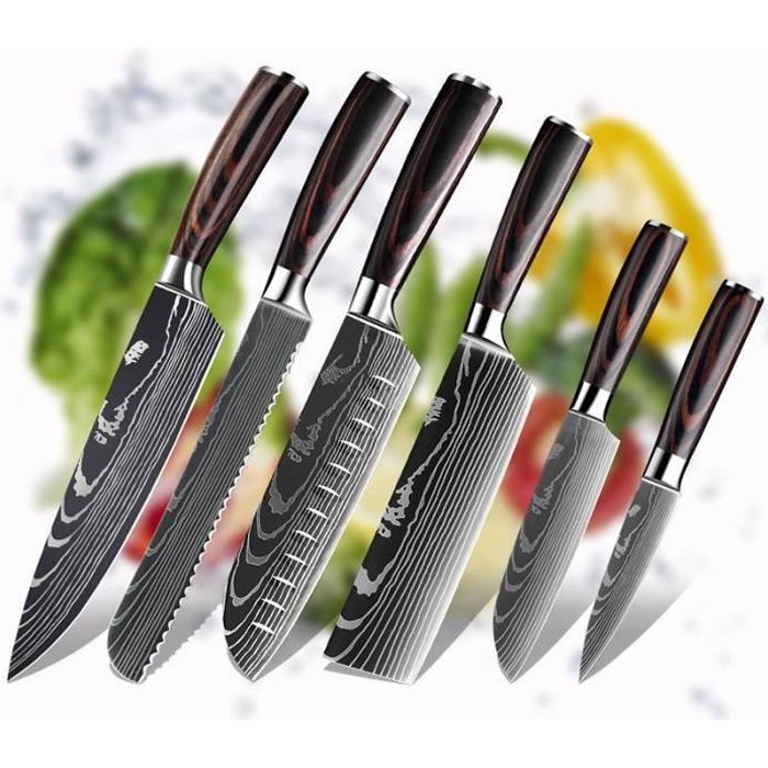 Set De 5 Couteaux De Cuisine Japonais - Lames Acier Carbone Damas, Manche Bois De Rose, Pour Professionnels Et Amateurs
