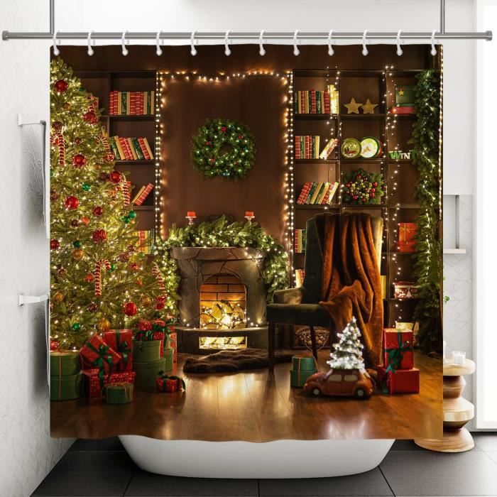 Rideau De Douche Sapin De Noël 150x180 Cm - Motif Hivernal Avec Bonhomme De Neige, Imperméable Et Anti-moisissure