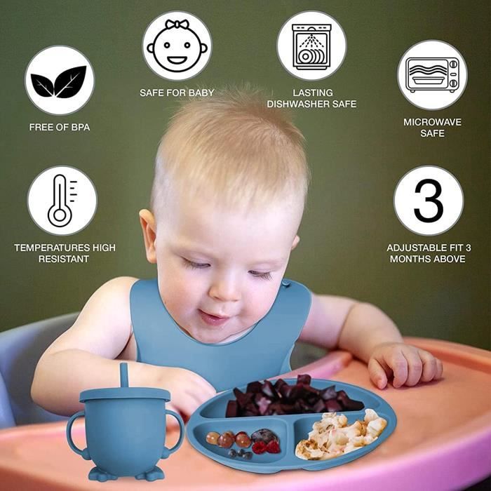 Coffret Repas Bébé Personnalisé Rose – Assiette Compartiments Ventouse, Bavoir Silicone, Cuillère & Fourchette Gravées – Cadeau Naissance Fille
