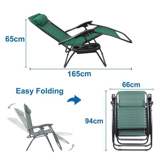 SOTECH Transat de Plage Pliable,Chaise Longue Inclinable,Fauteuil Relax avec Coussin,Charge Maximale 100 Kg,165 x 112 x 65 cm,Noir