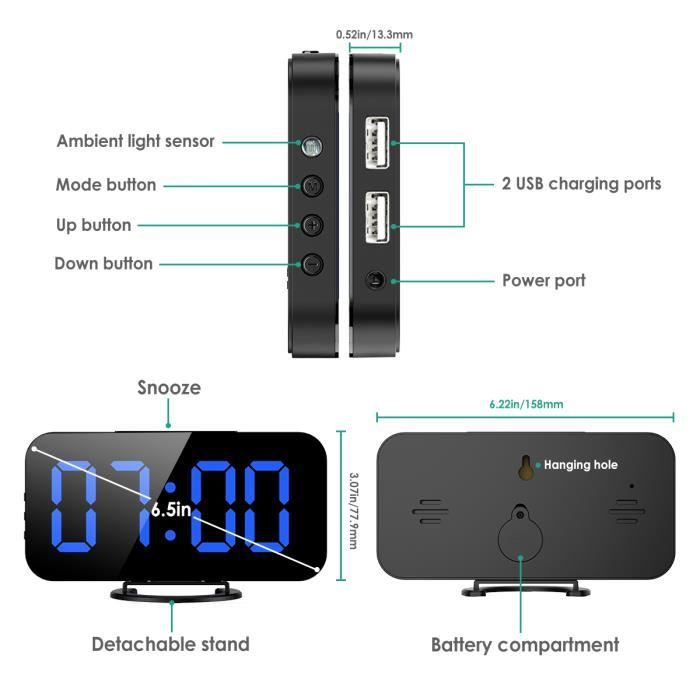 Réveil Bluetooth 5.0 Avec Radio FM Et Haut-Parleur - Affichage LED Miroir, Double Alarme, Charge USB, Support Carte TF - Bureau/Nuit
