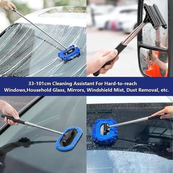 Poignée Télescopique 180 Kit Nettoyage Pare-Brise Voiture - Manche Télescopique, Tête Pivotante 180°, 6 Tampons Microfibre Lavavetri Auto