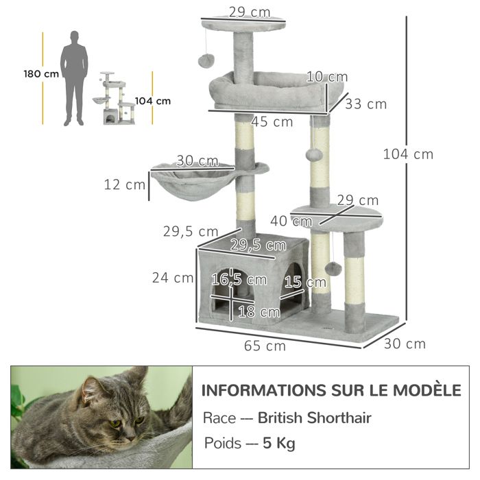 Arbre à Chat PawHut 165 Cm - 2 Niches, Griffoirs Sisal, Hamac, Plateformes, Pompons, Couleur Grise - 7