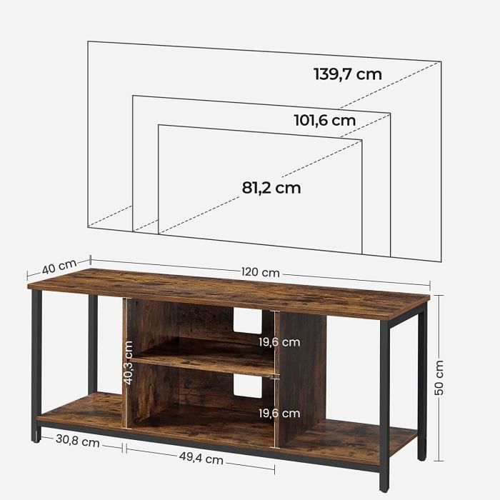 VASAGLE Meuble TV 147cm - Support Télé Jusqu'à 65" | 3 Tiroirs + 3 étagères | Style Industriel Marron/noir