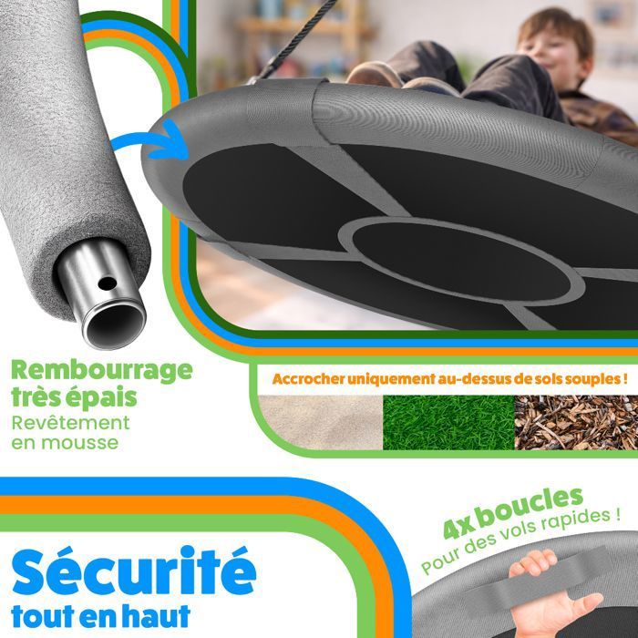 Balançoire Nid 120 Cm – Disque Suspendu Avec Coussin – Supporte 300 Kg – Intérieur/extérieur – Enfants Et Adultes
