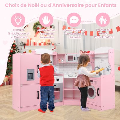 Cuisine Pour Enfants 3 Ans+ COSTWAY - 5 Accessoires Avec Évier, Four, Plaque De Cuisson Rose