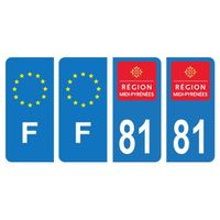 Lot 4 Autocollants plaque d'immatriculation voiture département 81 Tarn Région Midi-Pyrénées & F France Europe