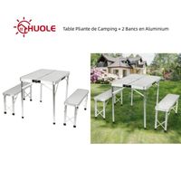 HUOLE Table Pliante de Camping Valise 90 cm x 60 cm x 70 cm + 2 Bancs en Aluminium Blanc argenté