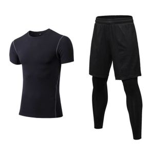 ENSEMBLE DE SPORT Ensemble de Vêtements de Sport Homme - Noir - Manche Courte T Shirt Top et Leggings Pantalon - Fitness 2 en 1