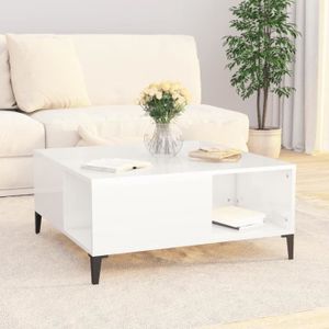 TABLE BASSE Table basse carrée blanc brillant en bois d'ingénierie et métal - QQMORA - QG0980 - Rangement intégré