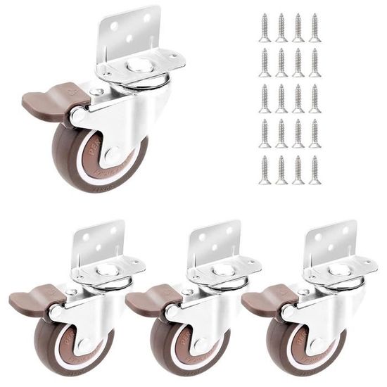 Lot De 4 Roulettes Pivotantes 32mm Avec Frein - Ouverture Plaque 17mm, Caoutchouc, Charge 15kg/roue - Pour Meubles