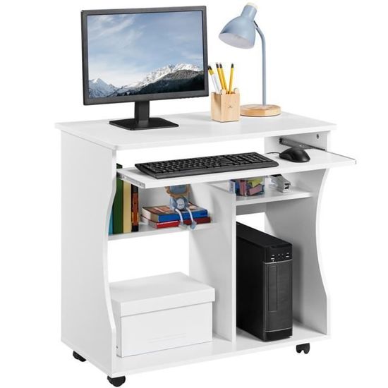 SogesHome Bureau d'Ordinateur Mobile avec Plateau Clavier Coulissant, Table Informatique Compacte sur roulettes, Idéal pour PC Portable, Bureau Maison ou Petit Espace, Noir 60 x 48 cm