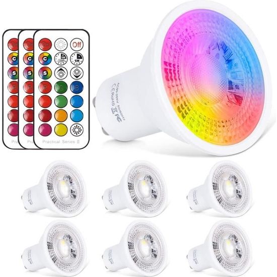 6X Ampoule Spot LED RGB GU10 6W Dimmable LED Spot Bulb RVB + Blanc Chaud 2700K,12 Couleurs avec Télécommande, 20W D'équivalent