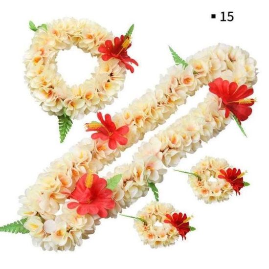 Guirlande Hawaïenne 6 Pièces – Collier, Bandeau Et Bracelets Fleuris – Blanc Et Vert – Pour Fêtes, Plage, Anniversaire - 3
