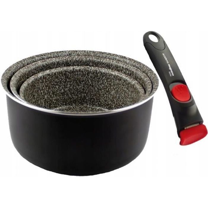 Accademia Mugnano Set 3 casseroles 16/18/20 cm (1,5/2,1/3 L) + 1 Poignée Amovible, Induction, Antiadhésif, Noir et Gris.