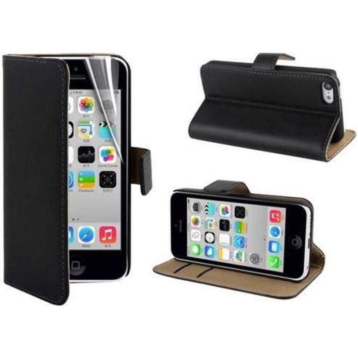 Coque Portefeuille IPHONE 5C (NOIR) Etui Housse Protection Couleurs