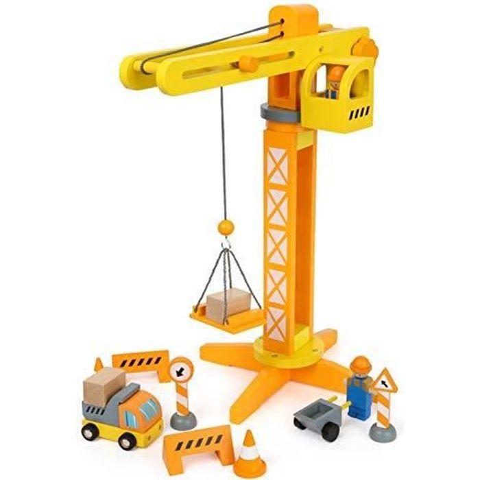 Small Foot 12007 Grue de Construction en Bois certifié FSC 100 % avec Accessoires de Chantier, 13 pièces, Rotatif à 360 1200