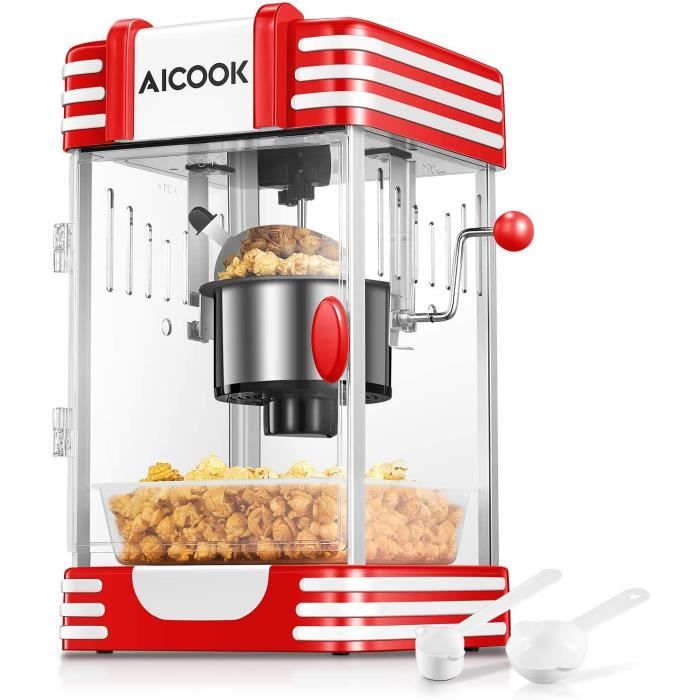 Machine à Popcorn, AICOOK Chaud Beurre Machine à Pop Corn avec Rétro Lumière, Revêtement Antiadhésif, Système de Mélange, Plateau de
